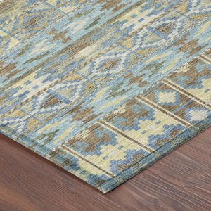 8 Ft Round Geometric Polyester Area Rug in Teal and Khaki for Patio or Family Room