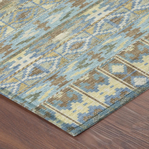 8 Ft Round Geometric Polyester Area Rug in Teal and Khaki for Patio or Family Room