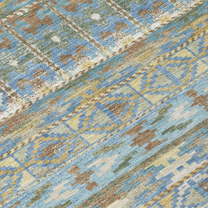 8 Ft Round Geometric Polyester Area Rug in Teal and Khaki for Patio or Family Room