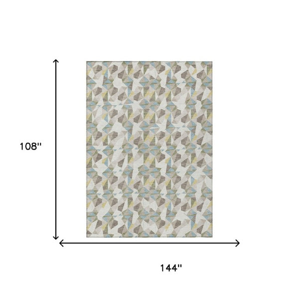 9 X 12 Ivory Geometric Polyester Area Rug Washable Stain Resistant Patio Porch