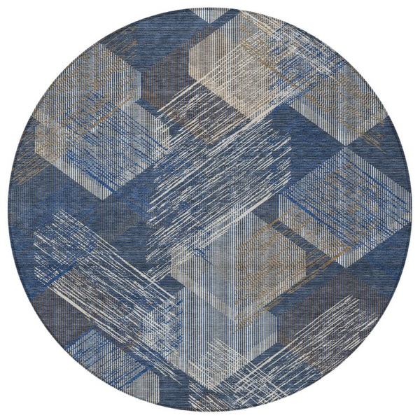 8 Ft Round Geometric Polyester Area Rug Washable Indoor Outdoor Patio Navy