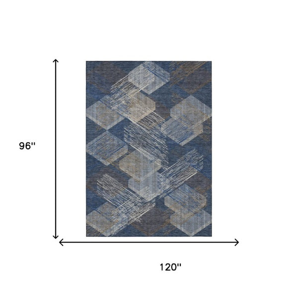 8 X 10 Navy Geometric Polyester Area Rug Washable for Indoor Outdoor Living
