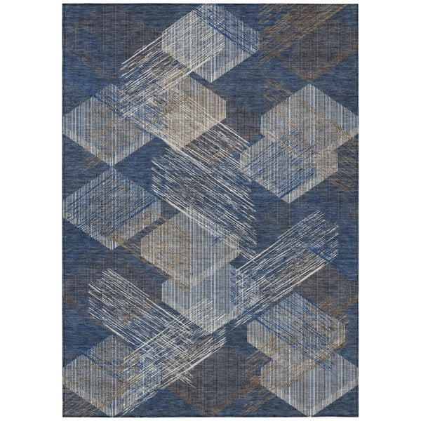 10 X 14 Navy Geometric Polyester Area Rug Washable for Patio Porch and Living Room