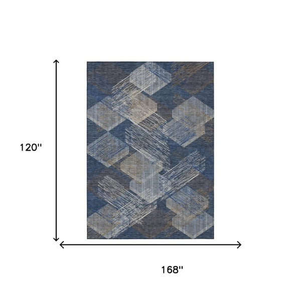 10 X 14 Navy Geometric Polyester Area Rug Washable for Patio Porch and Living Room