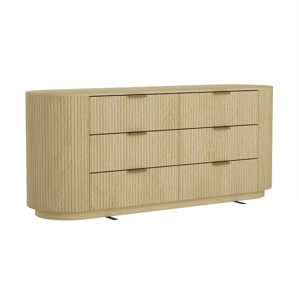English Elm Olivia 71" Dresser in Natural Oak with Ribbed Texture, 6 Drawers, Metal Glam Handles (Black/Gold) B365S00064