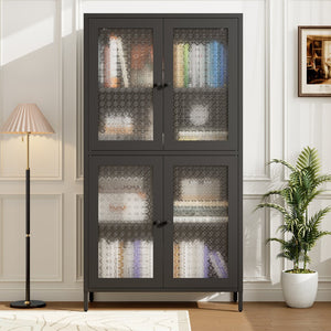 English Elm Classic Metal Storage Cabinet With 4 Glass Doors - Stylish Freestanding Bookcase For Any Room W2378P176269