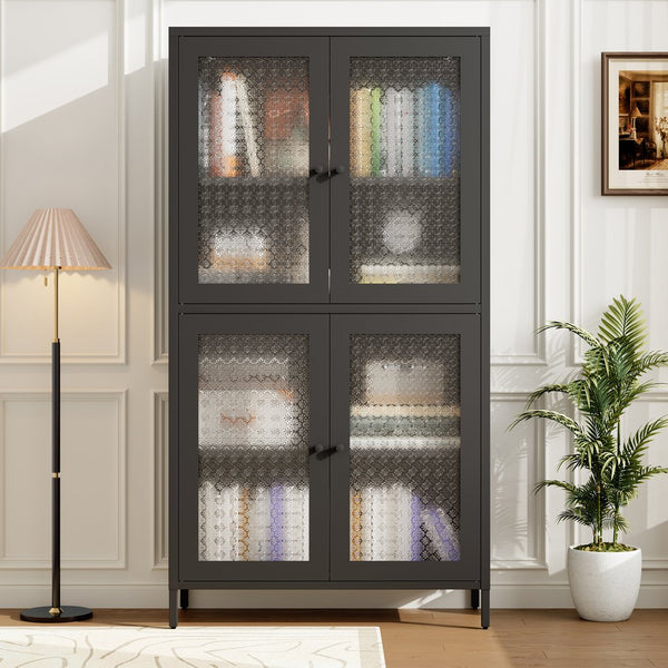 English Elm Classic Metal Storage Cabinet With 4 Glass Doors - Stylish Freestanding Bookcase For Any Room W2378P176269