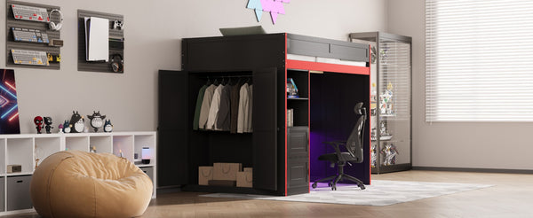 English Elm Gaming Full Loft Bed with Built-in Desk Led Lights and Storage for Teen Rooms N709P004103J