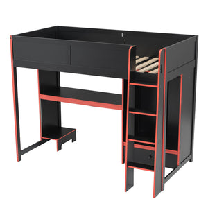 English Elm Wood Twin Gaming Loft Bed with Desk, Wardrobe, LED Lighting & Drawer — Space-Saving Black Red Accent, 400lb Capacity N7090004010B