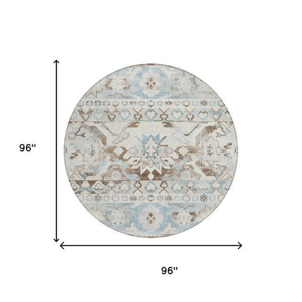 8 Ft Round Cactus Print Washable Polyester Rug for Patio Porch or Family Room