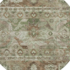 HomeRoots 8 Ft Round Cactus Print Polyester Area Rug Washable Stain Resistant Indoor Outdoor Sage Green 734526