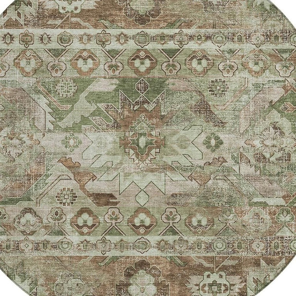 HomeRoots 8 Ft Round Cactus Print Polyester Area Rug Washable Stain Resistant Indoor Outdoor Sage Green 734526