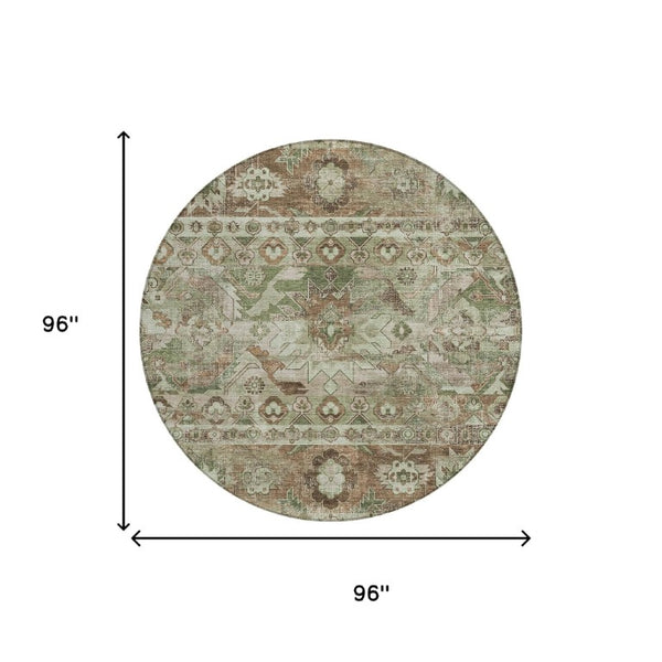 8 Ft Round Cactus Print Polyester Area Rug Washable Stain Resistant Indoor Outdoor Sage Green
