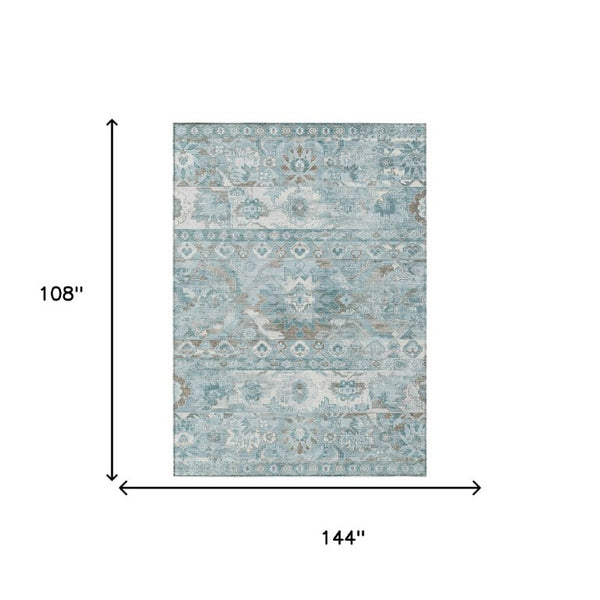 9 X 12 Teal Silver Cactus Polyester Indoor Outdoor Rug Stain Resistant Washable