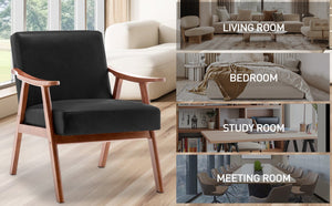 English Elm Mid-Century curved armchair with solid wood frame, extra-thick backrest, comfy lounge seat for home decor Black PU W2200P186174