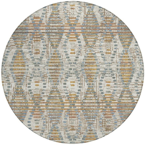 8 Ft Round Ivory Beige Medallion Polyester Rug Washable for Patio or Family Room