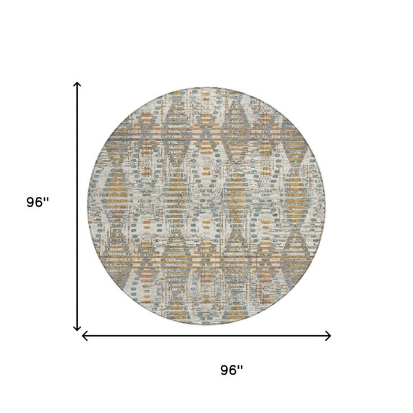 8 Ft Round Ivory Beige Medallion Polyester Rug Washable for Patio or Family Room