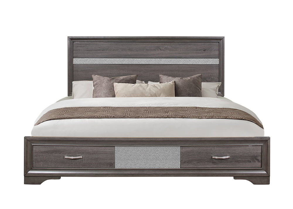 English Elm RYDER Elegant Full Bed with Crystal Accent Headboard and Two-Drawer Footboard, Solid Wood Frame Sparkle Grey King B201S00059