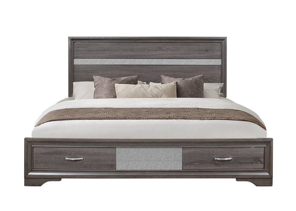 English Elm RYDER Elegant Full Bed with Crystal Accent Headboard and Two-Drawer Footboard, Solid Wood Frame Sparkle Grey King B201S00059