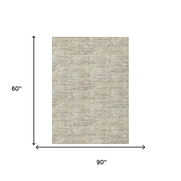 5 X 8 Abstract Ivory Beige Polyester Area Rug Washable for Indoor Outdoor Use
