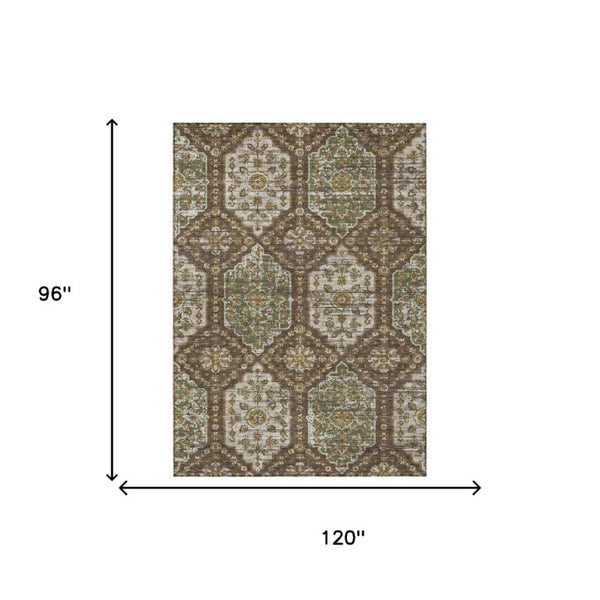 8 X 10 Chocolate Brown Damask Polyester Rug Stain Resistant Indoor Outdoor Use