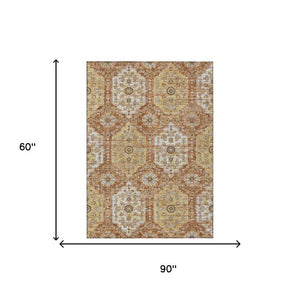 5x8 Copper Orange Damask Polyester Area Rug Stain Resistant for Indoor Outdoor Use