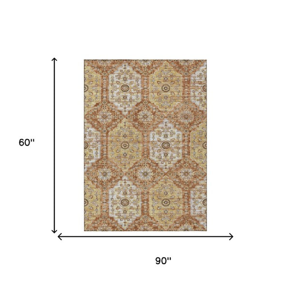 5x8 Copper Orange Damask Polyester Area Rug Stain Resistant for Indoor Outdoor Use