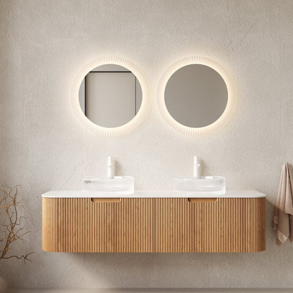 English Elm Dina 60 Inch Floating Bathroom Vanity Sintered Stone Top Dual Glass Basins Wood Grain Carrara White,Natural Wood,Transparent W2615S00239