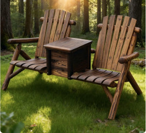English Elm Double Adirondack Firwood Loveseat with Built-in Ice Bucket and Center Table for Two T3971S00002