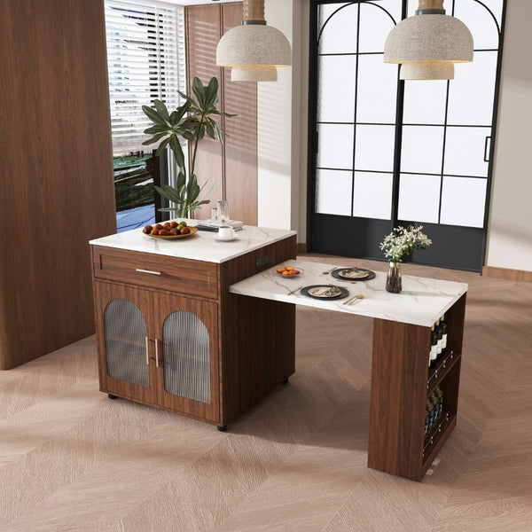 English Elm 80-inch Expandable Island Dining Set Walnut Marble Top Power Outlets 4 Wood Chairs W2700S00141