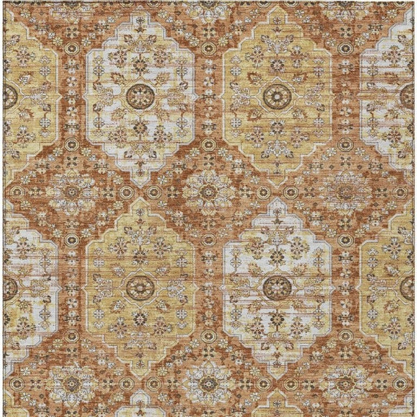 8x10 Copper Orange Damask Polyester Area Rug Washable Stain Resistant Indoor Outdoor