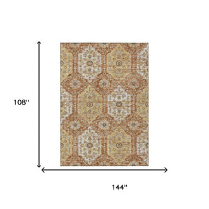 9 X 12 Copper Orange Damask Polyester Area Rug Stain Resistant for Patio or Living Room