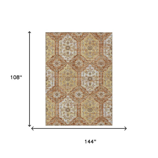9 X 12 Copper Orange Damask Polyester Area Rug Stain Resistant for Patio or Living Room