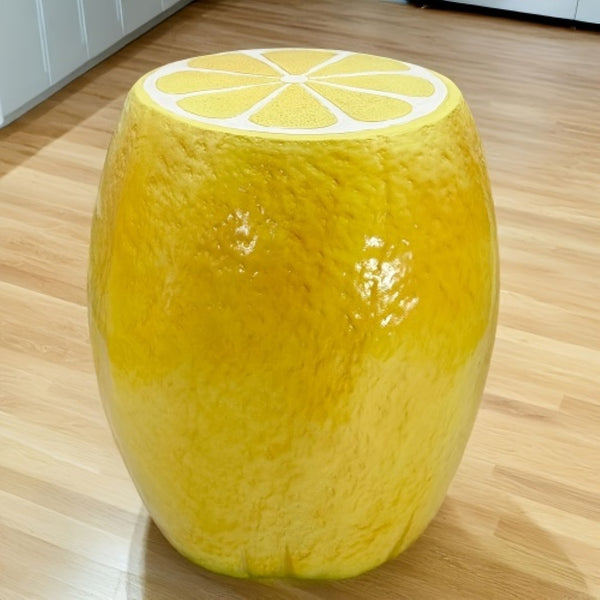 English Elm Yellow Lemon Shaped Resin Stool Playful Citrus Accent for Patio Sunroom or Kitchen W5709P493646