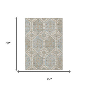 5 X 8 Ivory Beige Damask Polyester Area Rug Stain Resistant Indoor Outdoor Patio