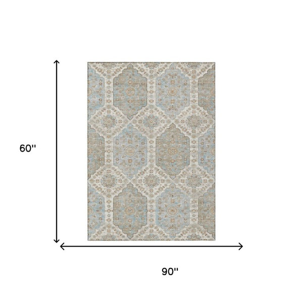 5 X 8 Ivory Beige Damask Polyester Area Rug Stain Resistant Indoor Outdoor Patio