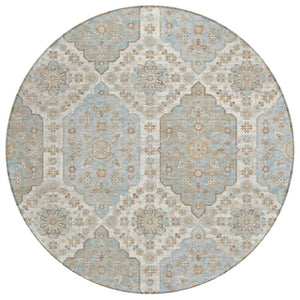 8 Foot Round Damask Polyester Area Rug Washable for Patio Porch or Family Room