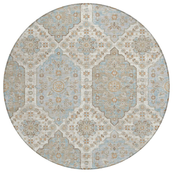 8 Foot Round Damask Polyester Area Rug Washable for Patio Porch or Family Room