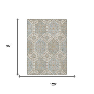 8 X 10 Ivory Beige Damask Polyester Area Rug Stain Resistant Indoor Outdoor Use