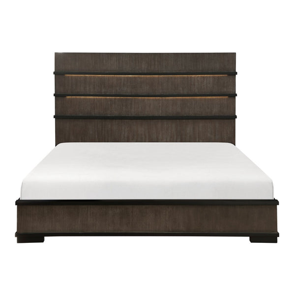 English Elm Two-tone Oak Veneer King Bed with Led Headboard for Modern Industrial Bedrooms B011S01412