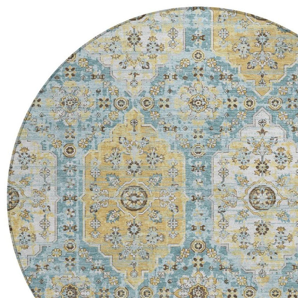 HomeRoots 8 Ft Round Damask Polyester Area Rug Washable Teal Pewter Patio or Family Room 734718