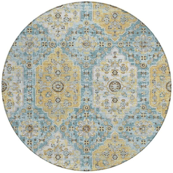 8 Ft Round Damask Polyester Area Rug Washable Teal Pewter Patio or Family Room