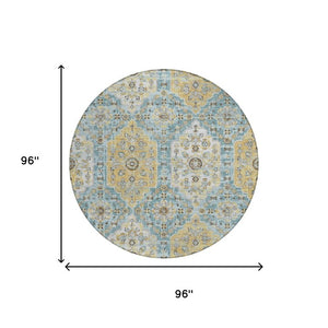 8 Ft Round Damask Polyester Area Rug Washable Teal Pewter Patio or Family Room