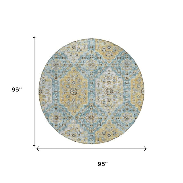 8 Ft Round Damask Polyester Area Rug Washable Teal Pewter Patio or Family Room