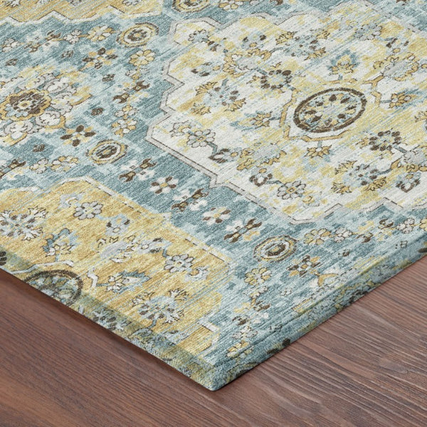 8 X 10 Teal Pewter Damask Polyester Area Rug Washable Stain Resistant Patio