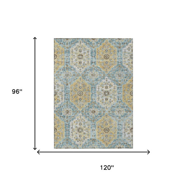 8 X 10 Teal Pewter Damask Polyester Area Rug Washable Stain Resistant Patio