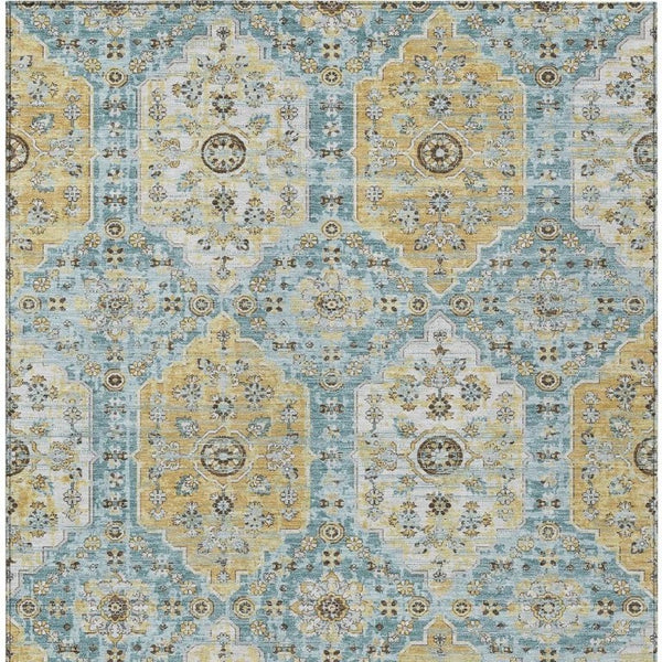 9x12 Teal Pewter Damask Polyester Area Rug Stain Resistant for Patio or Living Room