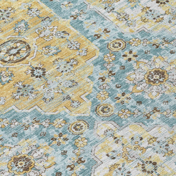 9x12 Teal Pewter Damask Polyester Area Rug Stain Resistant for Patio or Living Room