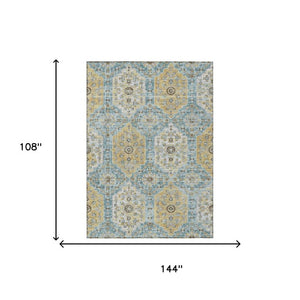 9x12 Teal Pewter Damask Polyester Area Rug Stain Resistant for Patio or Living Room