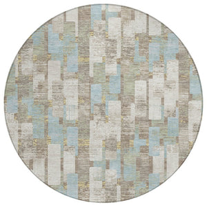 8 Ft Round Geometric Polyester Area Rug Washable Ivory Khaki Patio Indoor
